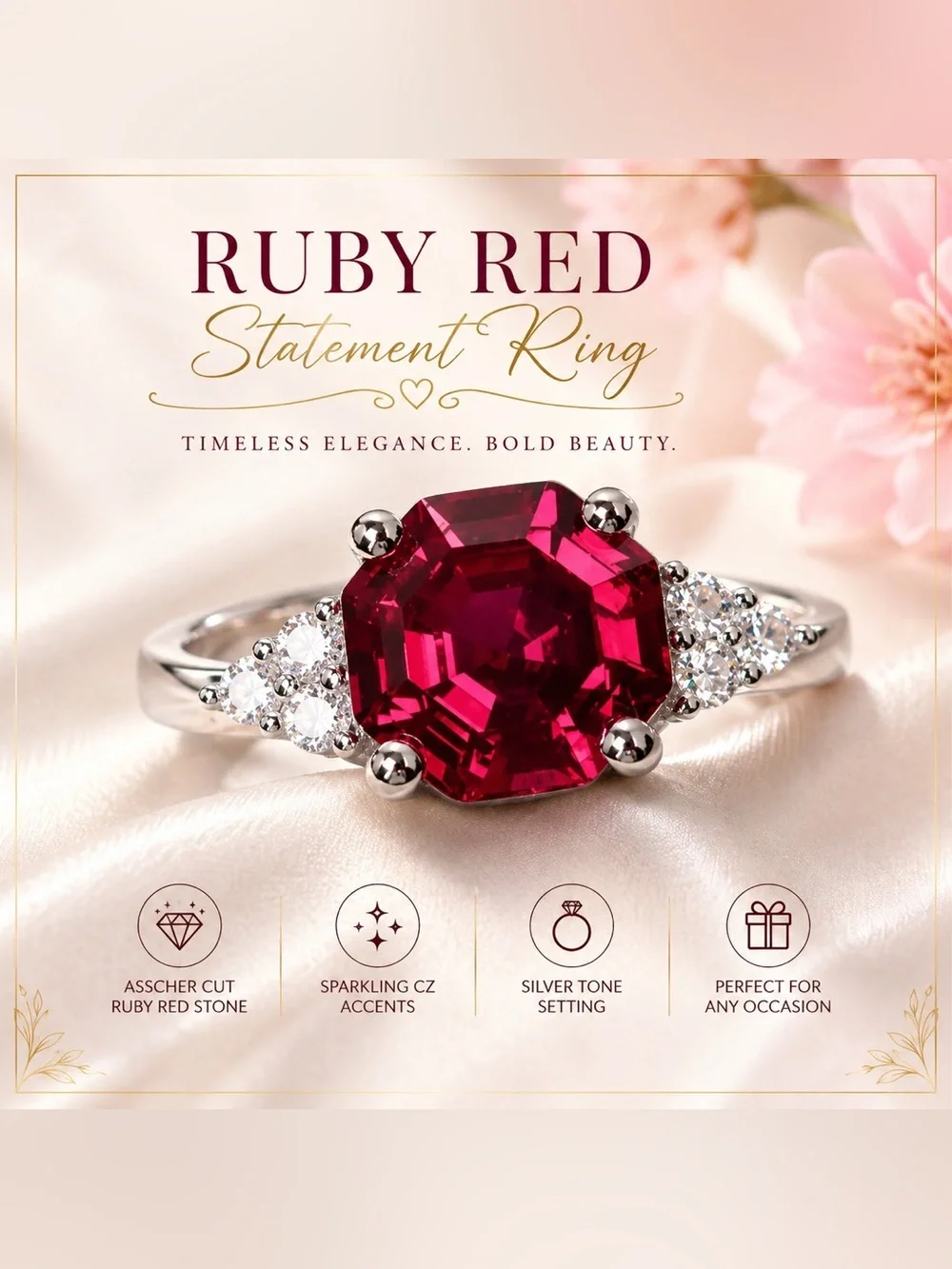 Ruby Red Asscher Cut Halo Style Ring with CZ Accents Silver Tone Statement Ring